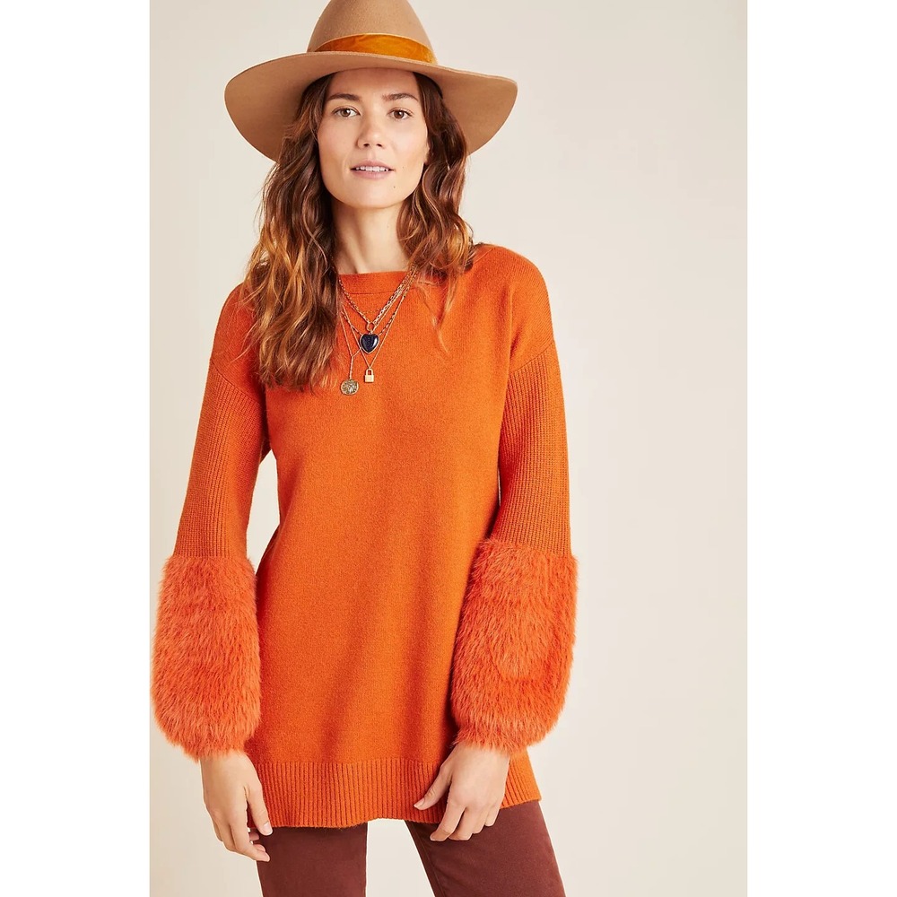 Anthropologie Colma Tunic Sweater S Burnt Orange Fuzzy Eyelash Cuff Boho